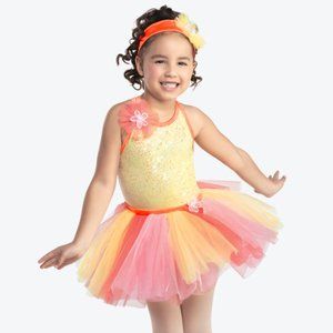 EUC Revolution Dancewear MC PInk and Yellow  Costume "HERE COMES THE SUN"